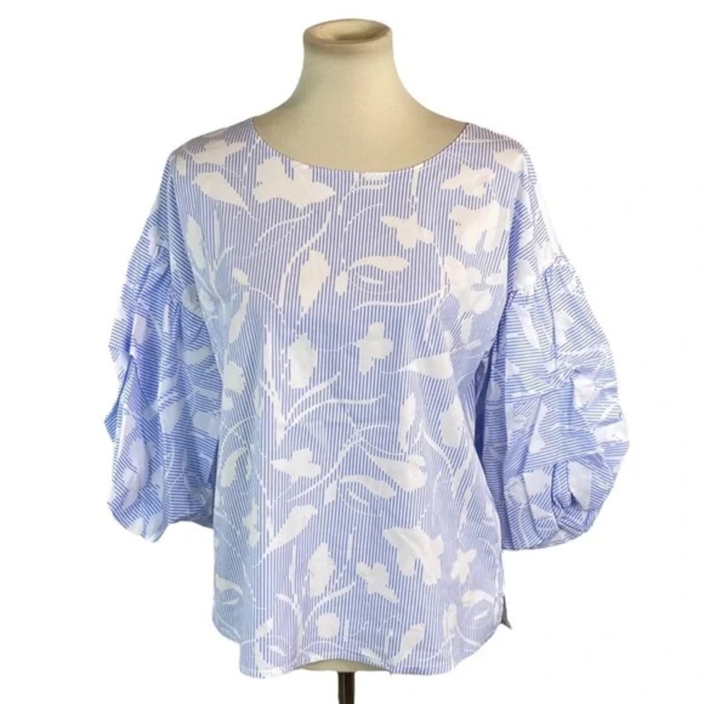 M Halogen Light Blue & White Floral Stripe Puff-Sleeve Blouse